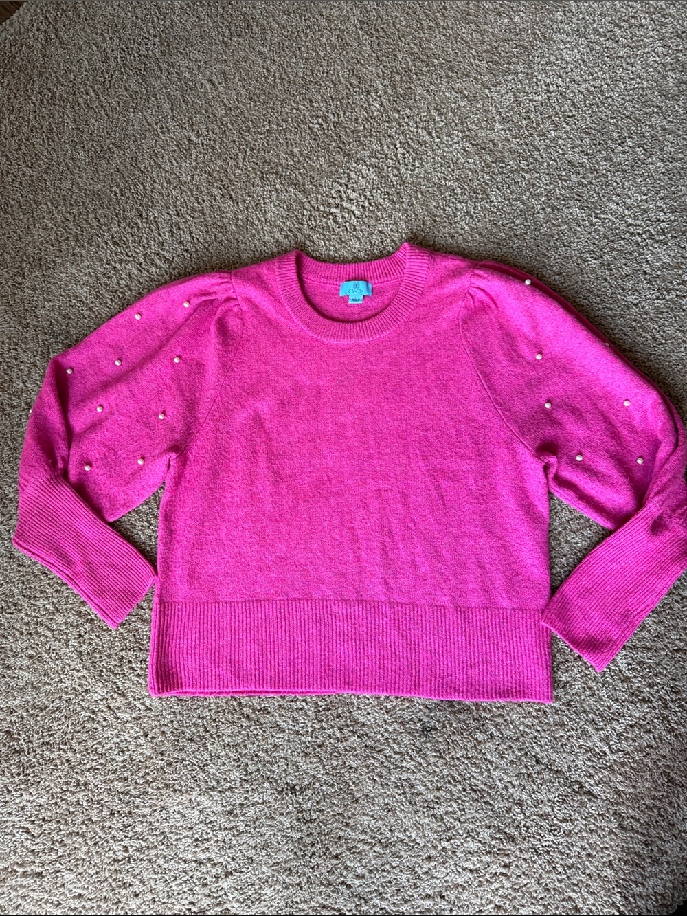 CeCe Hot Pink Pearl-Embellished Crewneck Sweater Size L